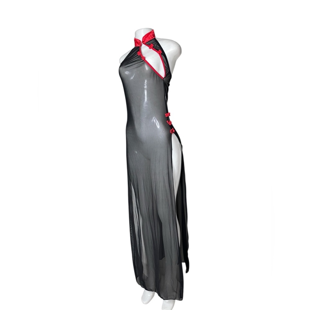 Sheer Black & Red Cheongsam-Style Lingerie Gown